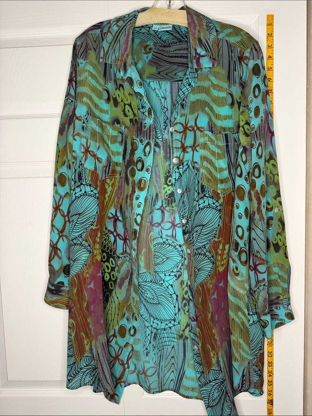 Tianello Aqua Multicolor Abstract Sheer Button-Up Tunic